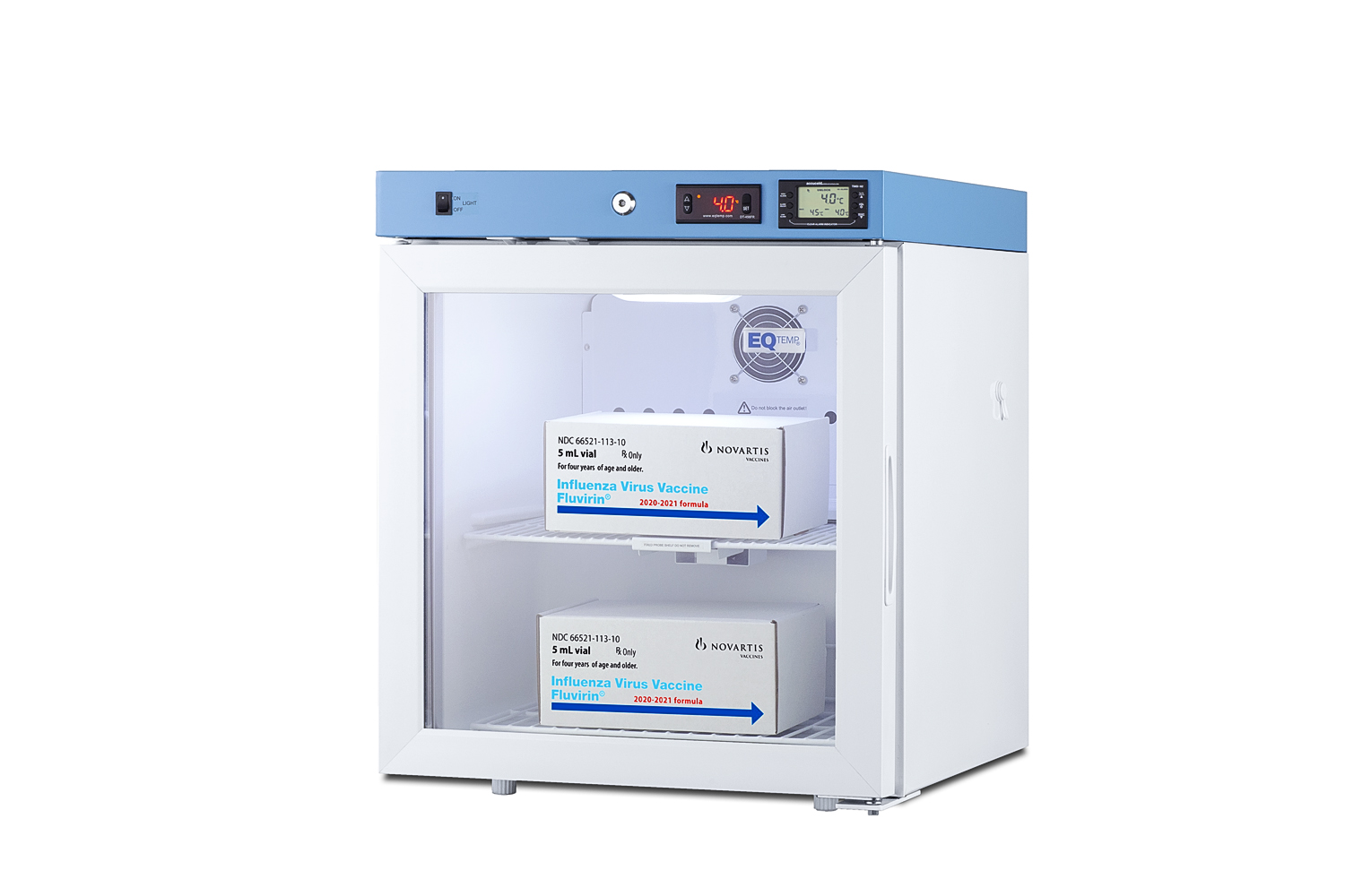 Compact healthcare all-refrigerator with self-closing glass door, front lock, digital controls, and external temperature readout.